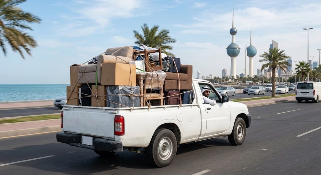 فريق متخصص يقوم بتحميل ونقل الأغراض بعناية واحترافية ضمن خدمات رقم وانيت نقل اغراض الكويت